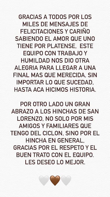 Momo festejó el triunfo de Platense y agradeció el apoyo del hincha de San Lorenzo