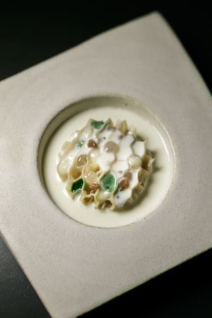 Mondongo (el bonete) con bagna cauda, perejil y anchoas.