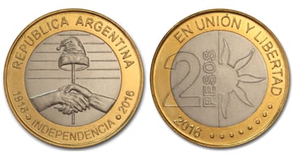 Moneda de 2 pesos conmemorativa del Bicentenario de la Declaración de la Independencia Argentina.