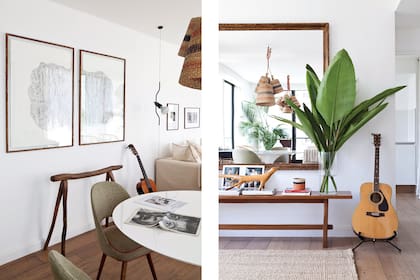 Díptico de Josefina Vilela. Junto al monturero (Ricardo Paz), la etérea lámpara ‘Parentesi’, de Achille Castiglioni (Flos Italia).