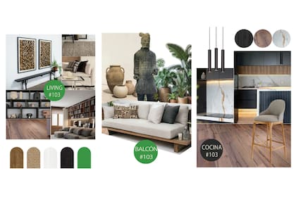 En el moodboard de Sandy Cairncross, los tonos neutros dominan, mientras que los más fuertes, como el verde o el azul, aportan profundidad.