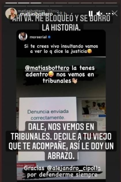 Morena Rial le pidió a su abogado, Alejandro Cipolla, que tome cartas en el asunto tras las declaraciones de Matías Bottero