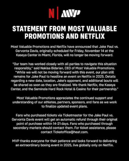 Most Valuable Promotions anunció que la pelea del 14 de noviembre estaba cancelada (Instagram/@mostvaluablepromotions)