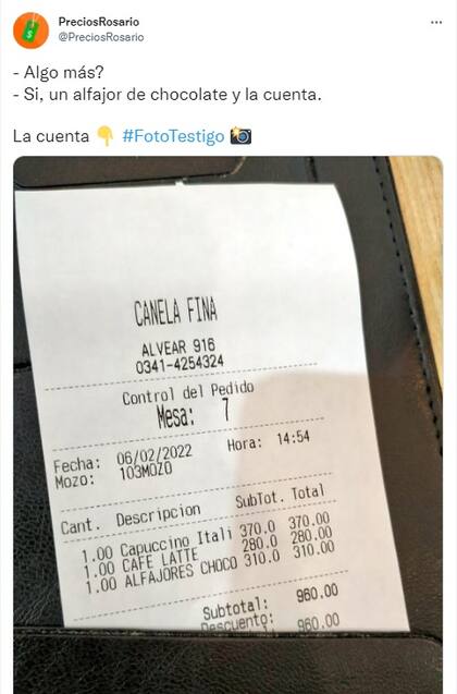 Mostró lo que pagó por dos cafés y un alfajor y se hizo viral (Foto: Twitter)