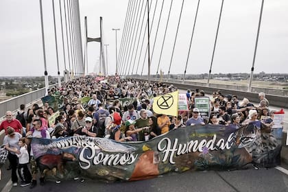 Movilización sobre el puente Rosario-Victoria en reclamo de una ley de humedales consensuada.