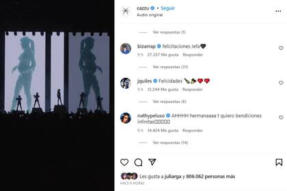 Muchas celebridades saludaron a Cazzu por la noticia de su embarazo, que la Jefa confirmó el sábado por la noche en el Movistar Arena de Buenos Aires