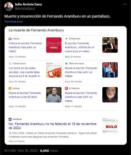 Muchos medios dieron por cierta la noticia falsa de la muerte de Fernando Aramburu