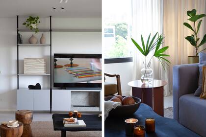 Mueble (Dash) para el televisor (Samsung), objetos deco (Philippa Deco Boutique). Macetas y plantas (Ciudad Naturaleza)