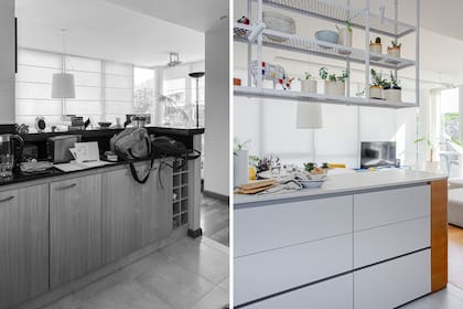 Mueble de MDF enchapado en guindo con laca poliuretánica mate –en la cabecera– y laqueado en blanco en los cajones (Arq. Cielo Pipkin). Mesada de Purastone 'Statuario'. Macetas (Patio).