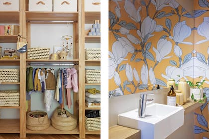 Mueble diseñado por Laura, accesible para los chicos. “El toilette es el lugar para jugársela y me encantó el efecto impactante de las flores”, dice Laura sobre el empapelado ‘Magnolia’ (Mentha Wallpapers).