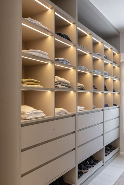 Mueble en melamina revestido (Faplac seda Giorno) con luces LED en cada estante, cajones con cerradura y espacio a medida para el calzado.