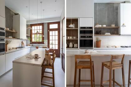 Mueble en termoformado blanco con melamina ‘Olmo finlandés’ (diMario Amoblamientos); vajilla a la vista (Belle Tablé). Mesada y tapa de la isla en Dekton ‘Entzo’ (Arvimar). Alzada de cerámicos (Bukara). Banquetas (Ene Cueros), donde posa Oliver. Lámparas colgantes (Margarita de Forteza). 