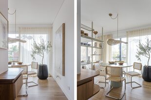 Mueble recibidor curvo ‘Marbella’ de petiribí ranurado con cajones que se abren mediante la buña. Mesa redonda (Apatheia) con sillas ‘Cesca’ (Michael Thonet).
