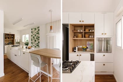 Mueble revestido de melamina símil madera y sin puertas, el nicho resalta entre los frentes blancos.