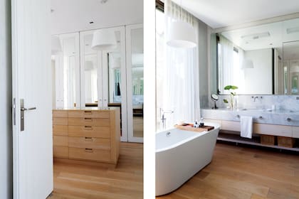 Mueble suspendido con estructura de roble y mesada de mármol (Estudio XFB Arquitectura y Paisajismo). Grifería ‘Nerea’ (FV).