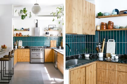 Muebles a medida en paraíso laqueado (Gaeta). Azulejos ‘Flow Living Green’ de 7,7x30cm (Roca). Mesada de granito ‘Negro Boreal’ (Marmolería Ruta 4). Cocina y campana industrial (Kokken). Bacha (Mi Pileta). Grifería monocomando negra flexible (Piazza).