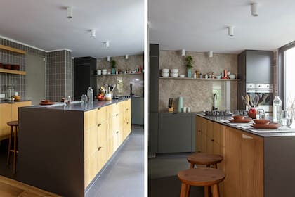 Muebles con frentes enchapados en roble y laca gris, diseñados por los dueños de casa. Mesada y revestimiento de la isla de Coverlam ‘Basic Negro’ de 12mm.