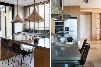 Muebles de cocina de Arquimadera, mesadas en Silestone ‘Gris Expo’ (Ragolia) y banquetas (Increa). Luminarias (Fábrica de Luz).