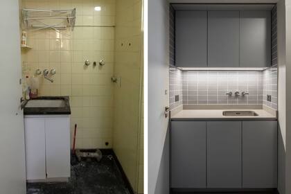 Muebles de melamina gris perla (Egger), azulejos 'Subway Gris Brillante' (Syria) con bisel. Mesada de Stone Quarz gris claro (Italmarmi). Bacha rectangular (Tramontina), grifería 'Ciprés' (FV por Folk Designer).