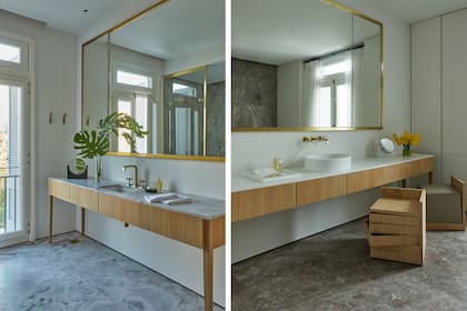 Muebles enchapados en roble con mesadas de Corian. Griferías (Axor). Espejos (diseño de Kallos Turin, ejecución de Gorza S.A).