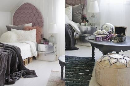 Muebles improvisados (pero no tanto): una cama hecha con pallets y una mesa de luz creada a partir de dos baúles le dan un toque juvenil a este dormitorio femenino