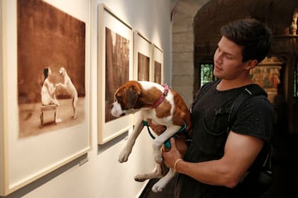 Muestra dedicada a los perros en el Museo de Arte Decorativo. Permiten ingresar con perros reales. Francisco San Martin con Sarabi de seis meses.