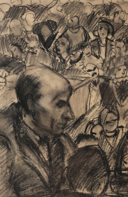 Uno de los dibujos de Eppinger Weisz del juicio de los tribunales populares a los miembros del partido De la flecha que fueron condenados a la horca.