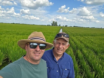 Müller, junto a un colaborador en una plantación de arroz