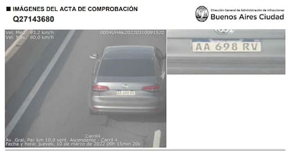 Multa al auto oficial que manejaba Bianco por exceso de velocidad.