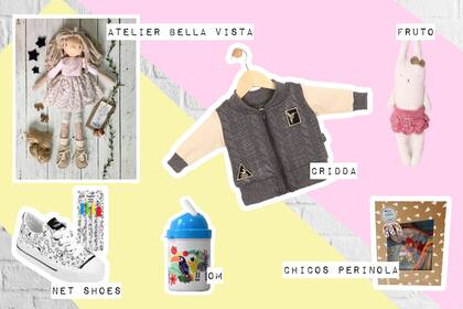 Muñeca hecha a mano de Atelier bella vista $920 / Campera de Cridda $590 / Zapatillas de Net Shoes para pintar $503 / Cantimplora de Om $200 / Kit para hacer un atrapasueños de Chicos Perinola $160 / Muñeco de Fruto $450