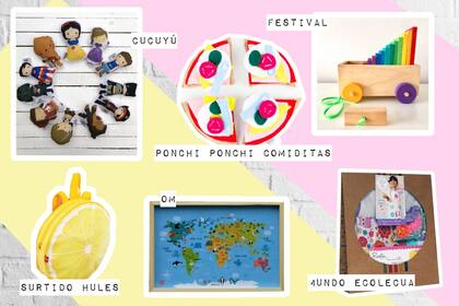Mu?ecos de Cucuyú $150 el par / Pizza de Ponchi Ponchi comiditas $540 / Carrito con bloques de Festival $600 / Mochila de Surtido Hules $600 / Cuadrito mapamundi de Om $280 / Kit para hacer un delantal de cocina de Mundo Ecolecua $340