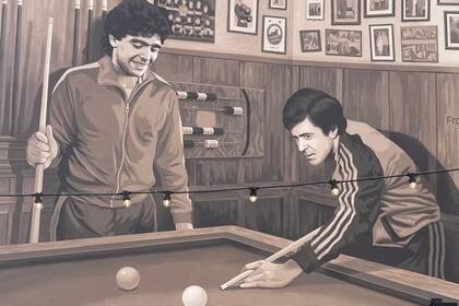 Mural en homenaje a Diego Maradona, vecino ilustre y cliente histórico del Café de García, pintado por el artista Francisco Ottogalli.