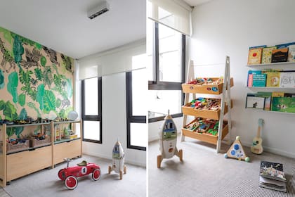 Mural (Luisa Freixas). Rack (Krethaus). Estante para libros (Muett). Alfombra (Elementos Argentinos).