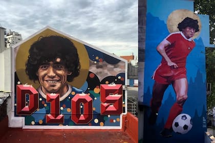 Murales pintados por El Marian en la casa-museo de Diego Maradona en el barrio de La Paternal. El la derecha tiene ocho metros de altura.
