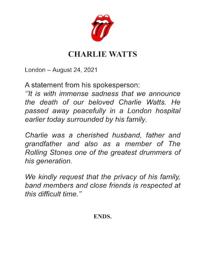 Murió Charlie Watts: su representante lo confirmó a través de un comunicado publicado en la cuenta de Twitter de los Rolling Stones