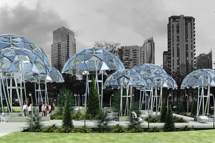 Mushroom Patch in The Urban Rainforest, proyecto reconocido en el concurso, propone pabellones inspirados en hongos que protegen de la lluvia como copas vivas.