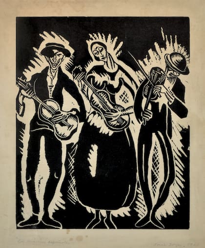 "Músicos Españoles (Músicos ciegos)" (1920), una de las xilografías de Norah Borges exhibidas en la muestra actual del Museo Nacional de Bellas Artes