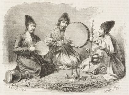 "Músicos persas de Irán" es una ilustración de 1860 hecha por Emile Duhousset