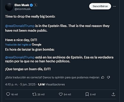 Musk lanzó una "gran bomba" y acusó a Trump de estar en los archivos de Epstein