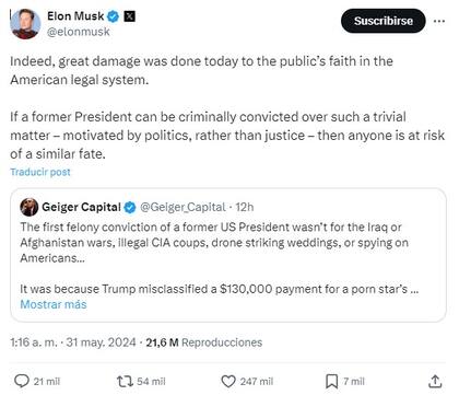 Musk reaccionó a la culpabilidad de Donald Trump