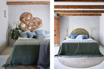 Los elementos que distinguen a los dormitorios son hallazgos de mercados de pulgas (como la figura de mimbre o las alfombras de yute) y ropa de cama mandada a hacer especialmente por More Decor.