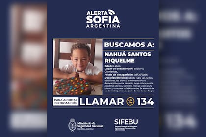 Nahuá Santos Riquelme (6) fue visto por última vez el domingo 3 de mayo, cuando se ausentó de su domicilio junto a su padre, Josias Santos Regis