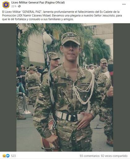 Namir Cáceres Mdael, el joven de 21 años que falleció en medio de los incendios en Córdoba, fue despedido por el Liceo Militar General Paz