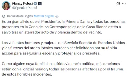 Nancy Pelosi señaló que lo ocurrido este sábado por la noche en Estados Unidos fue un "aterrador acto de violencia"