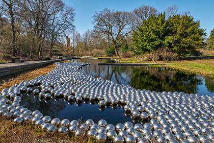 Narcissus Garden (1966/2021), 1.400 esferas de acero inoxidable se mueven por el viento y las corrientes, cada uno reflejando el entorno que los rodea con un efecto cautivador.