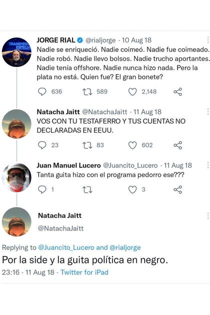 Natacha Jaitt acusó a Jorge Rial de tener cuentas offshore
