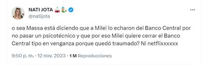 Nati Jota compartió su opinión en redes sociales