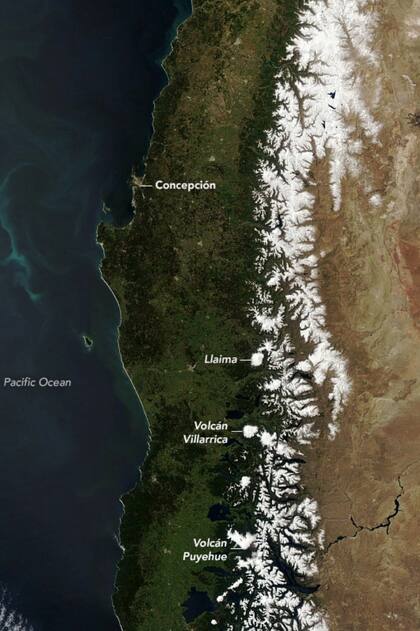 La imagen que publicó la NASA, muestra unos 700 kilómetros, casi la décima parte del total, del límite entre Argentina y Chile