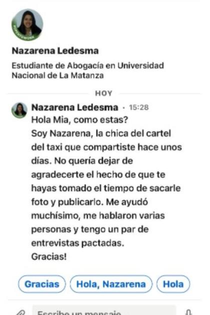 Nazarena Ledesma, la chica del CV del taxi, agradeció a Mía la difusión de sus datos en las redes sociales y le dio una buena noticia: "Me hablaron varias personas y tengo un par de entrevistas pactadas"