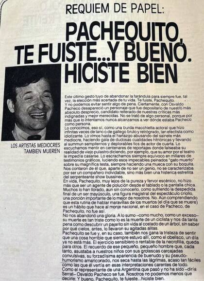 Necrológica del actor en la revista Satiricón.